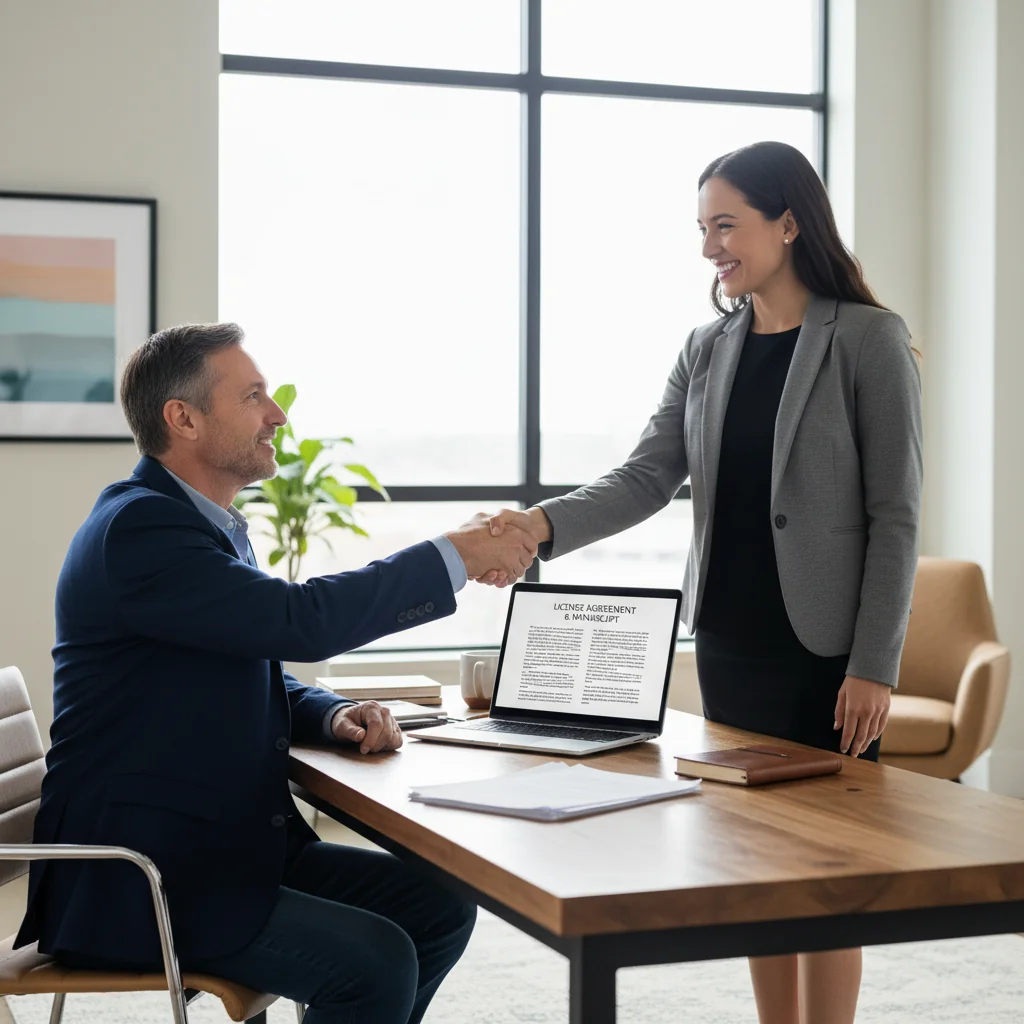 A photorealistic image of a professional author or creator in a modern office setting, confidently shaking hands with a business partner across a desk, symbolizing the agreement and licensing of intellectual property rights. The scene conveys trust, collaboration, and the successful transfer of creative work, with subtle elements like a laptop displaying a manuscript in the background. No children are present in the image.
