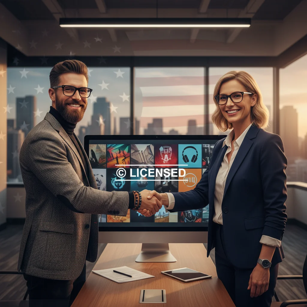 A professional scene symbolizing copyright licensing in the US, featuring an adult creative professional such as a photographer or artist in a modern office, shaking hands with a business partner over a laptop displaying digital artwork, with subtle American flag elements in the background to evoke legal protection of intellectual property, no documents visible, photorealistic style.