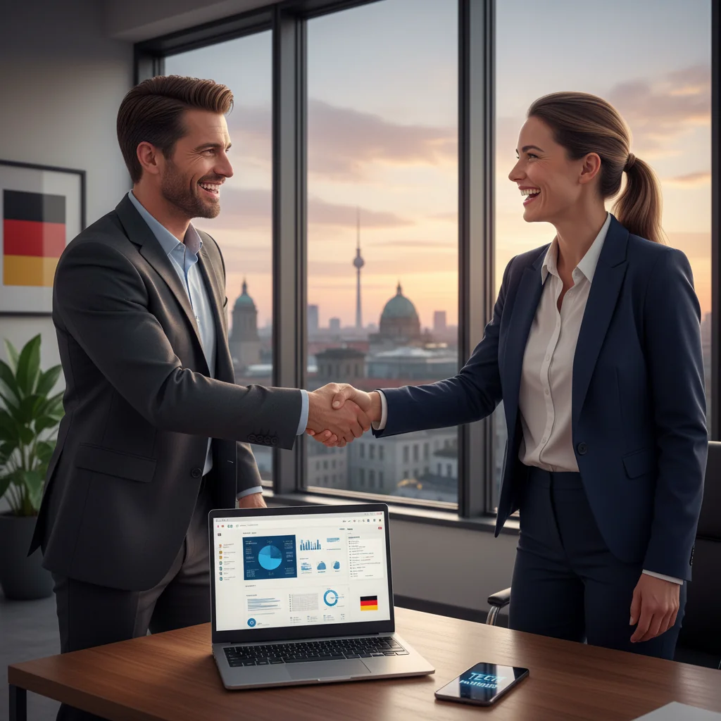 A professional scene representing licensing agreements in Germany, featuring a business professional in a modern office shaking hands with a partner over a symbolic technology product like software or a branded gadget, with subtle German flag elements in the background, conveying trust and legal partnership without showing any documents.