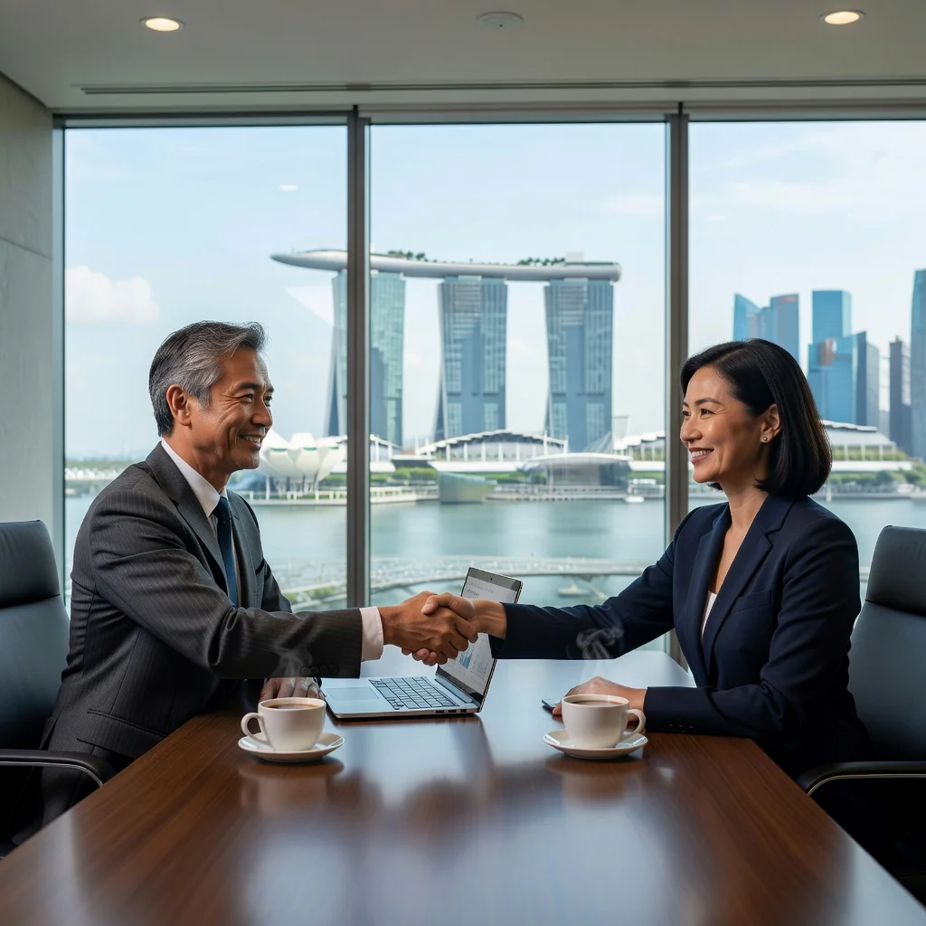 A photorealistic image of two professional adults in a modern Singapore office, shaking hands over a desk with a view of the city skyline in the background, symbolizing a successful copyright licensing agreement.