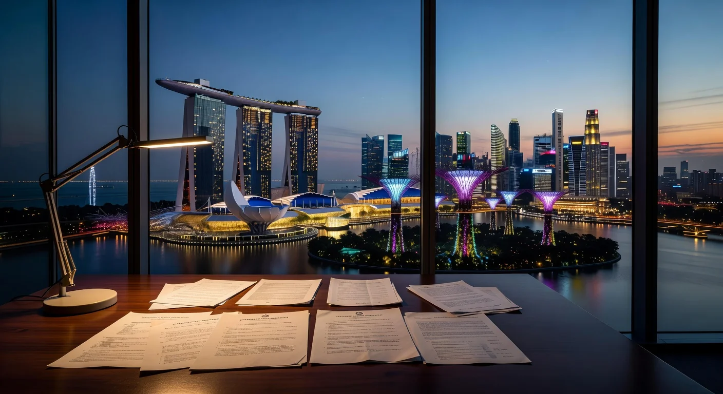 Singapore skyline with legal documents