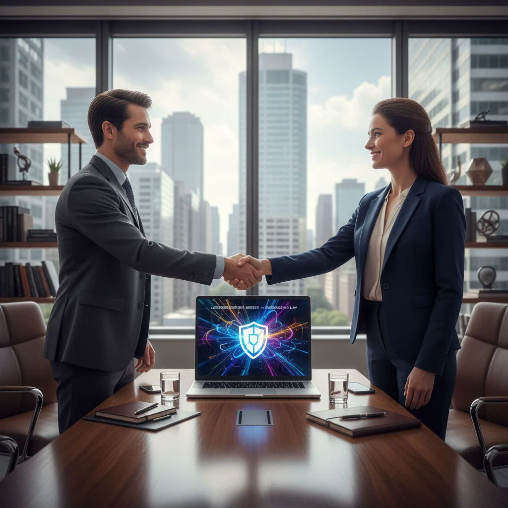 A photorealistic image of a professional meeting between two adults, one representing a licensor and the other a licensee, shaking hands over a table with subtle symbols of intellectual property like a digital artwork on a laptop screen in the background, conveying agreement and protection in a modern office setting.