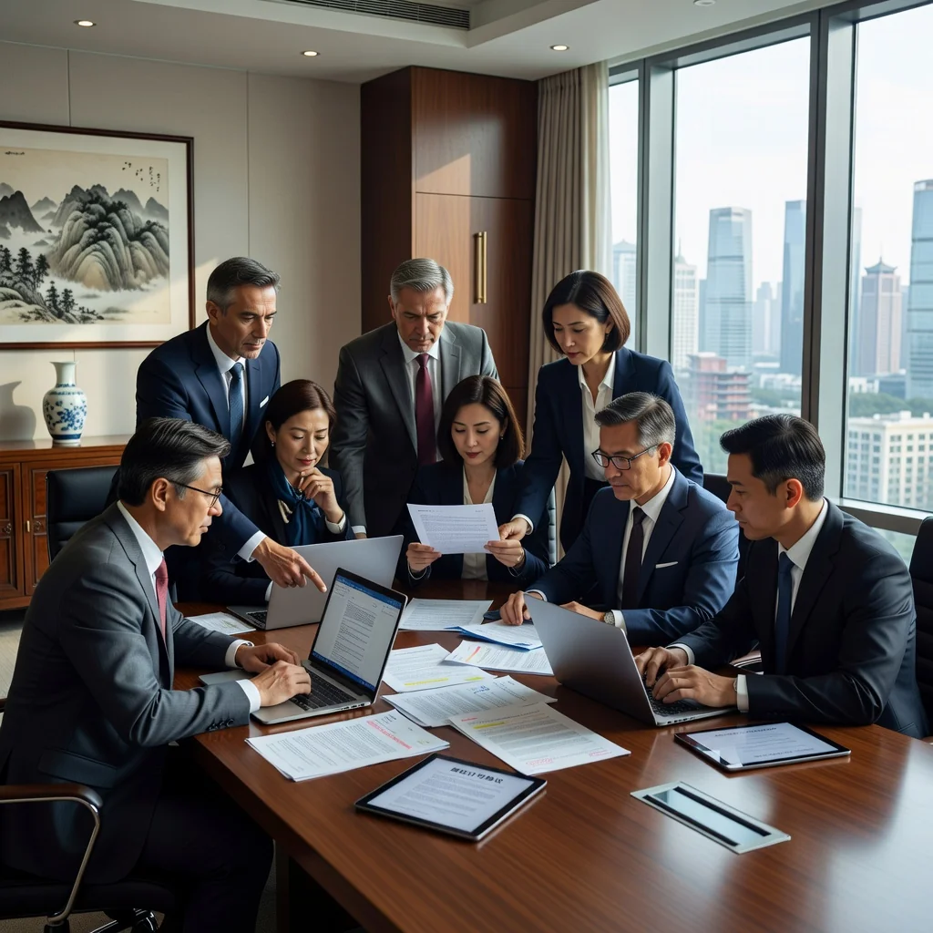 A photorealistic image of a professional Chinese business meeting in a modern office, where adults are discussing and reviewing copyright licensing agreements on laptops and documents, symbolizing risk assessment and preventive measures in intellectual property law, with subtle Chinese cultural elements like traditional decor in the background.