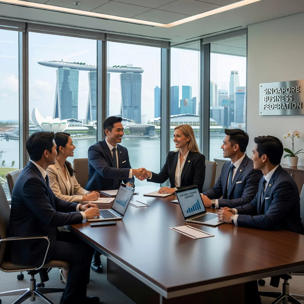 A photorealistic image of a professional business meeting in a modern Singapore office, with diverse adults shaking hands over a table, symbolizing a successful copyright licensing agreement for a business, overlooking the city skyline with elements like Marina Bay Sands in the background to represent Singapore.