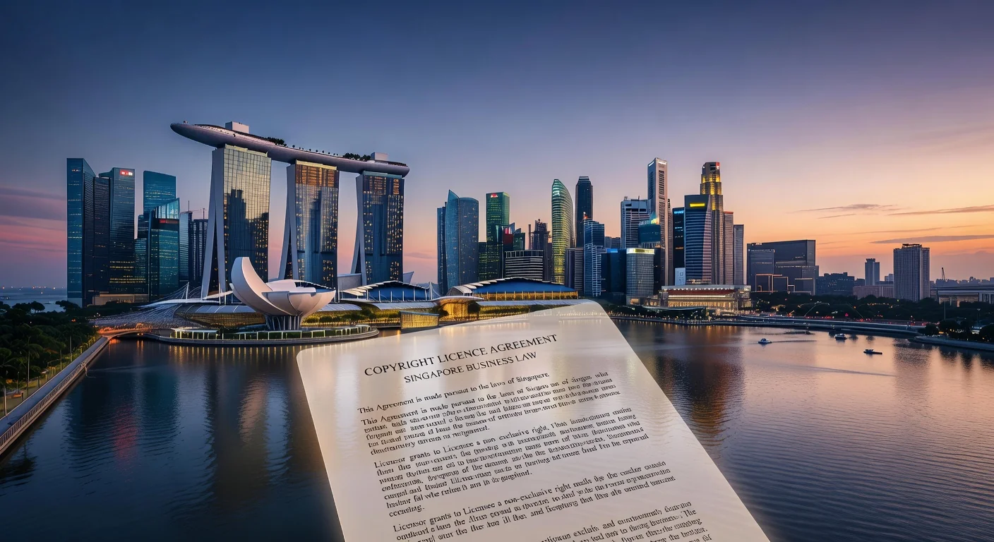 Singapore skyline with legal documents overlay