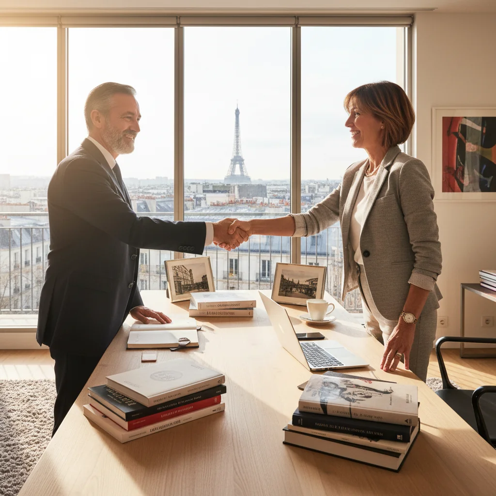 A photorealistic image of two professional adults, such as a writer and a publisher, shaking hands in a modern office setting in France, symbolizing the agreement and licensing of creative works under an author's license contract, with subtle French elements like the Eiffel Tower visible through a window in the background.