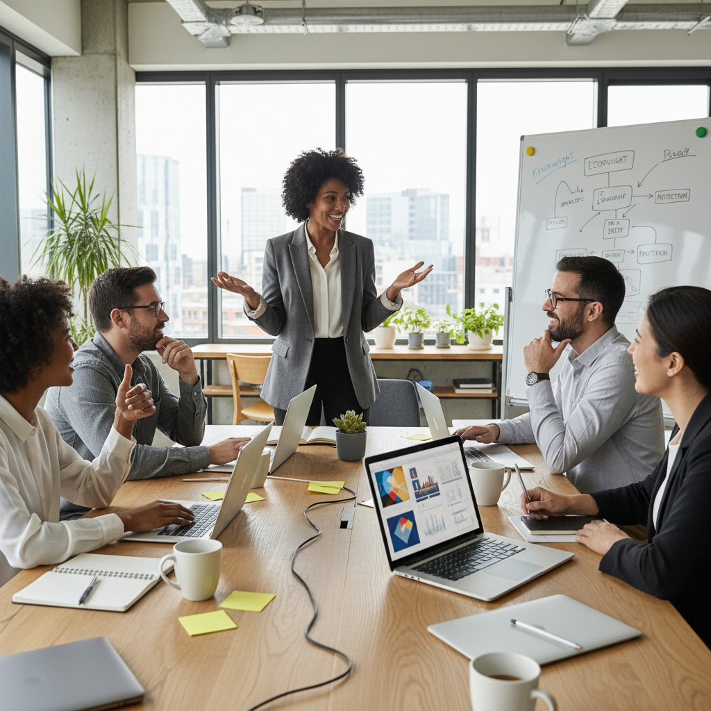 A professional scene depicting the creative collaboration and protection of intellectual property in the UK, showing a diverse group of adults in a modern office setting discussing ideas with laptops and sketches, symbolizing the importance of copyright licensing agreements without focusing on documents.