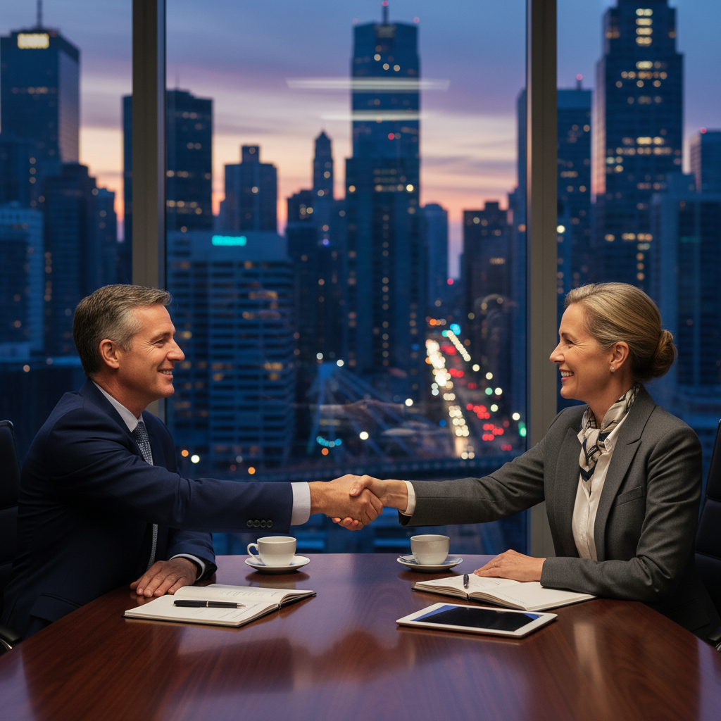 A photorealistic image of two professional adults in a modern office setting, shaking hands over a conference table with a city skyline in the background, symbolizing agreement and partnership in business, no legal documents visible, no children present.
