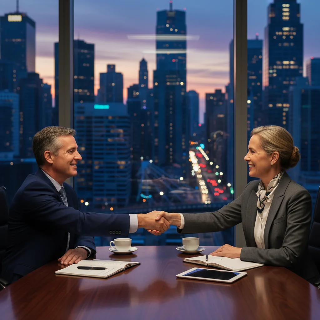 A photorealistic image of two professional adults in a modern office setting, shaking hands over a conference table with a city skyline in the background, symbolizing agreement and partnership in business, no legal documents visible, no children present.