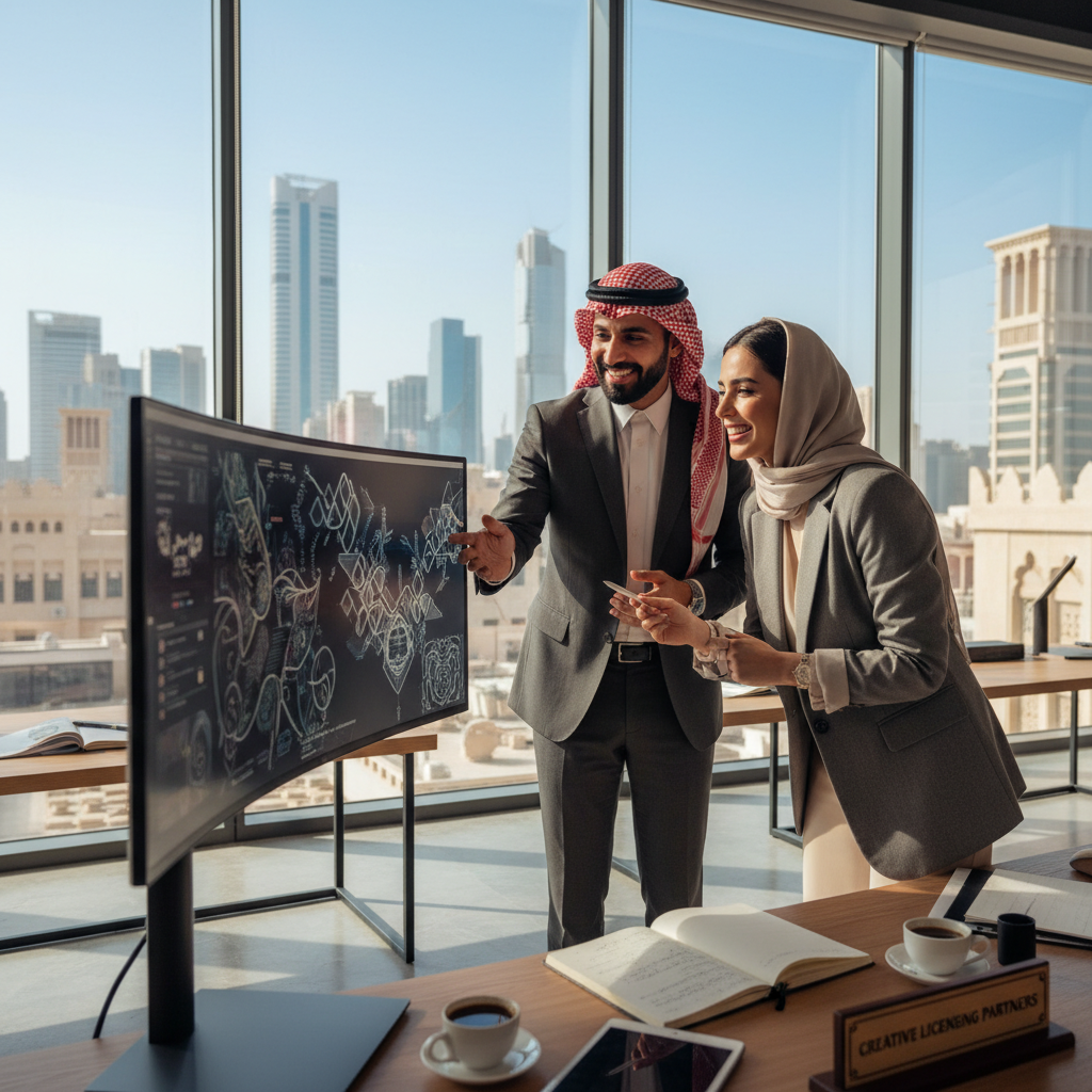 A photorealistic image depicting a professional creative collaboration in a modern Saudi Arabian office setting, symbolizing the protection and licensing of intellectual property rights under copyright agreements. Two adult professionals, one a content creator and the other a business partner, are shaking hands over a laptop displaying digital artwork, with subtle Saudi cultural elements like traditional attire or architecture in the background, conveying trust, innovation, and legal safeguarding of creative works.