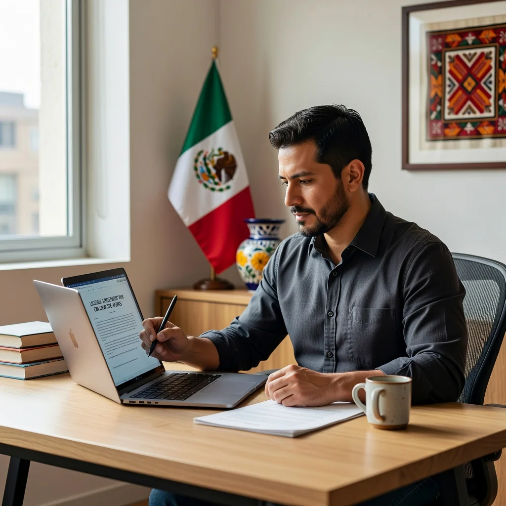 A photorealistic image of a professional Mexican adult creator, such as a writer or artist in their mid-30s, sitting at a modern desk in a bright home office in Mexico City, confidently reviewing and signing a license agreement on a laptop, with subtle Mexican cultural elements like a flag or traditional decor in the background, symbolizing the protection of creative copyrights. The scene conveys empowerment, security, and intellectual property rights without focusing on the document itself. No children are present.
