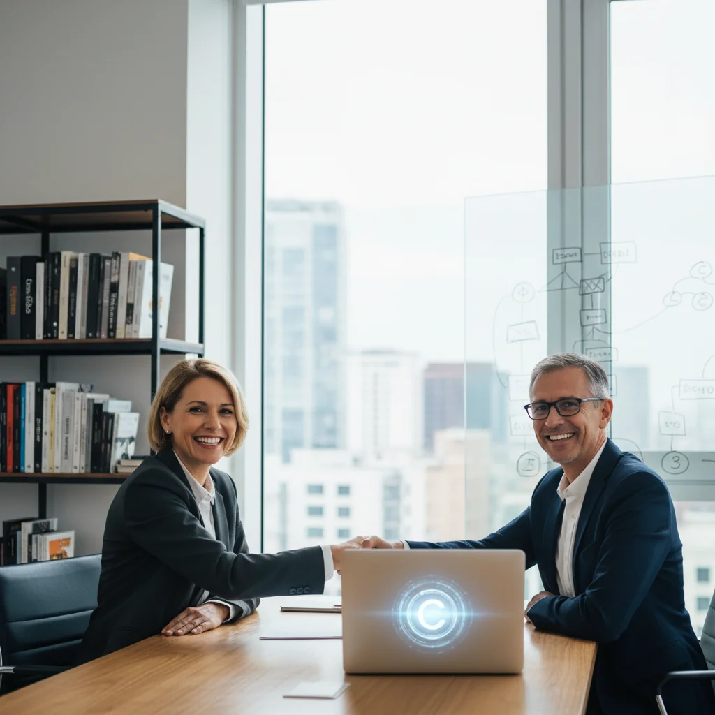 A photorealistic image of two professional adults in a modern office setting, shaking hands over a laptop displaying a digital copyright symbol, symbolizing the agreement and licensing of intellectual property rights, with no children present and no actual legal documents visible.