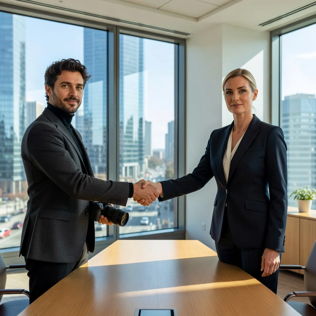A professional scene representing the licensing of copyright, such as a creative professional like a photographer or artist shaking hands with a business partner in a modern office, symbolizing agreement and collaboration on intellectual property rights. The image conveys trust, innovation, and legal partnership without showing any documents.