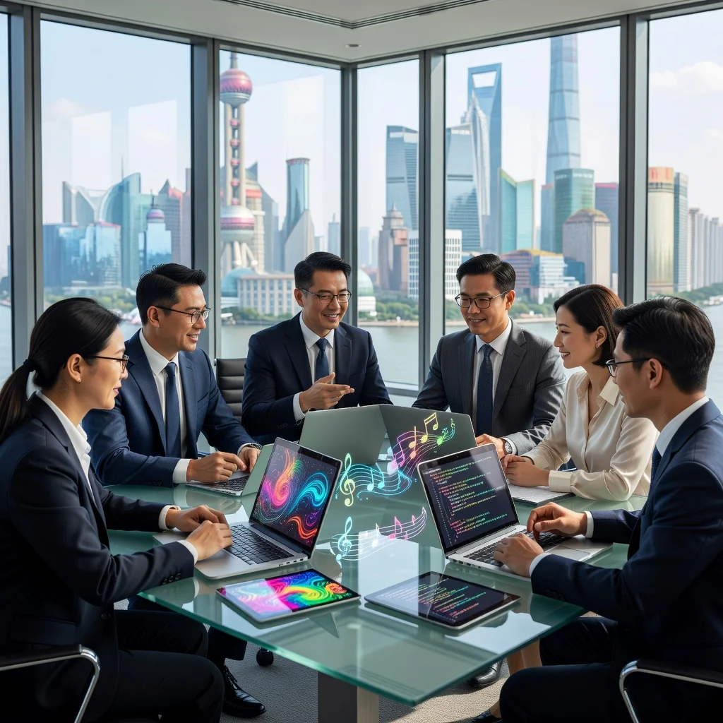 A professional scene representing intellectual property and creative licensing in a modern Chinese business context, showing a diverse group of adult Chinese professionals in a sleek conference room discussing ideas, with subtle elements like digital screens displaying abstract creative symbols such as art pieces or software icons, emphasizing collaboration and protection of copyrights, no children present.