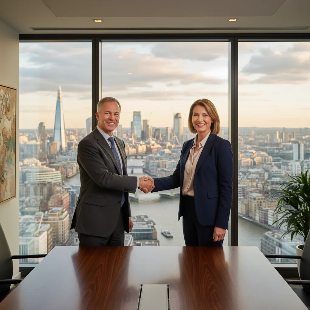 A photorealistic image of two professional adults in a modern UK office setting, shaking hands over a conference table with city skyline view through the window, symbolizing a copyright licence agreement. No children, no documents visible.