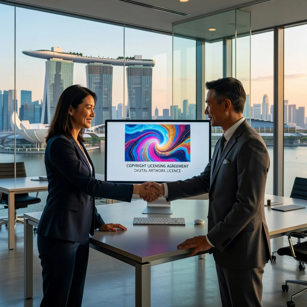 A photorealistic image depicting the concept of copyright licensing in Singapore, showing a diverse group of adult professionals in a modern Singapore office, shaking hands over a creative project like a digital artwork on a screen, symbolizing agreement and protection of intellectual property, with subtle Singapore skyline in the background, no children present.