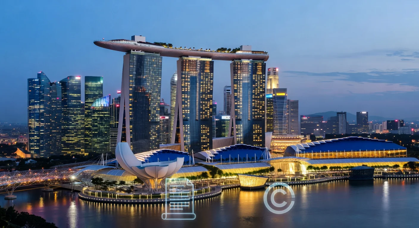 Singapore skyline with legal symbols