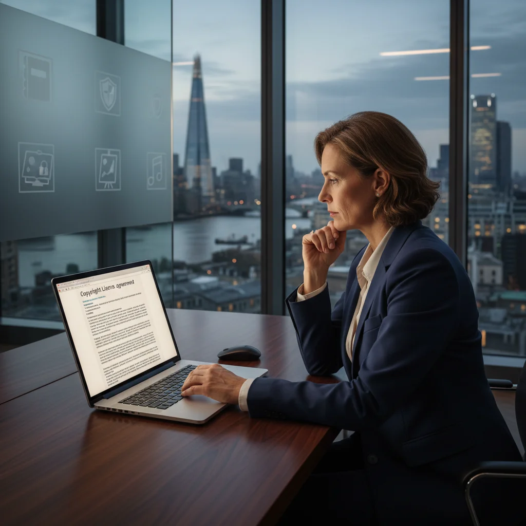 A photorealistic image of a professional lawyer in a modern office, confidently reviewing a copyright licence agreement on a computer screen, symbolizing the enforcement of intellectual property rights under UK law. The focus is on the lawyer's determined expression and the professional setting, evoking protection and legal authority.