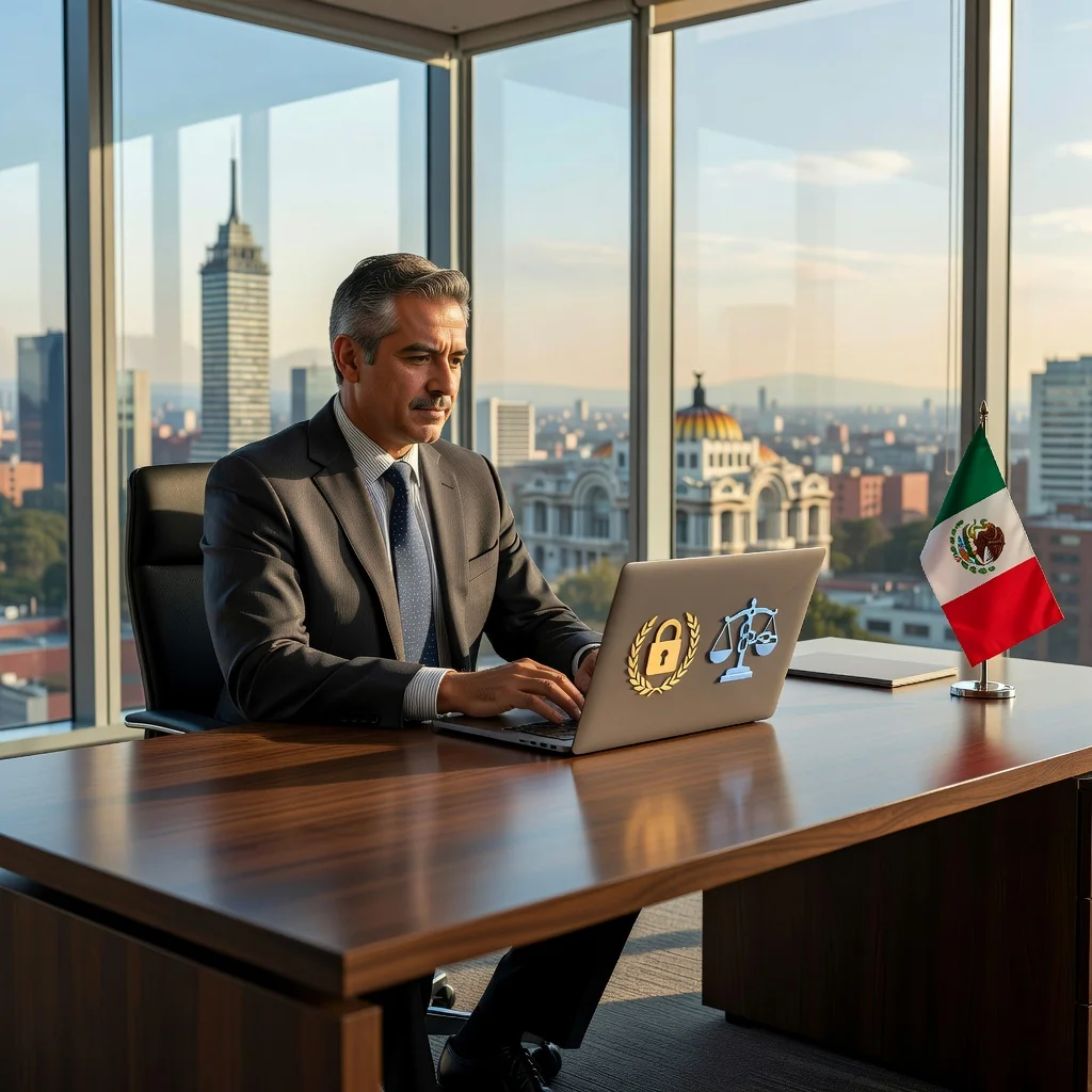 A photorealistic image of a professional Mexican lawyer in a modern office setting, reviewing a copyright license agreement on a computer screen, symbolizing intellectual property protection and licensing in Mexico. The scene conveys trust, expertise, and legal assurance without showing any documents directly. No children are present.