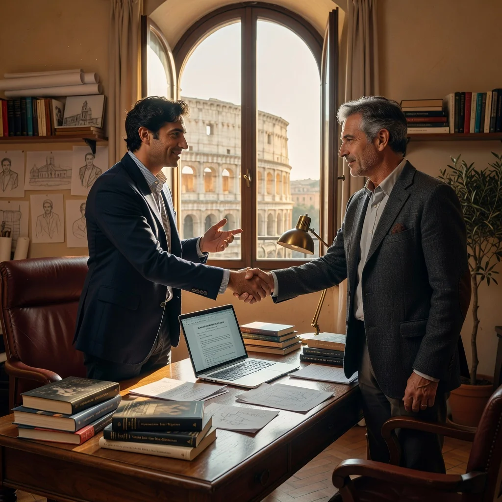 A photorealistic image representing the concept of copyright licensing in Italy, showing a professional adult author or creator in a modern Italian office or creative studio, signing an agreement with a publisher over coffee, with subtle Italian landmarks like the Colosseum visible through a window in the background, symbolizing the protection and licensing of intellectual property without focusing on the document itself.