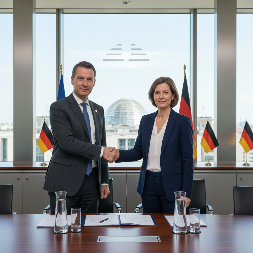 A photorealistic image of a professional business meeting in a modern German office, where adults are shaking hands over a licensing agreement, symbolizing the purpose of a Lizenzvertrag in Germany. The scene conveys trust, partnership, and legal collaboration without showing any documents or children.