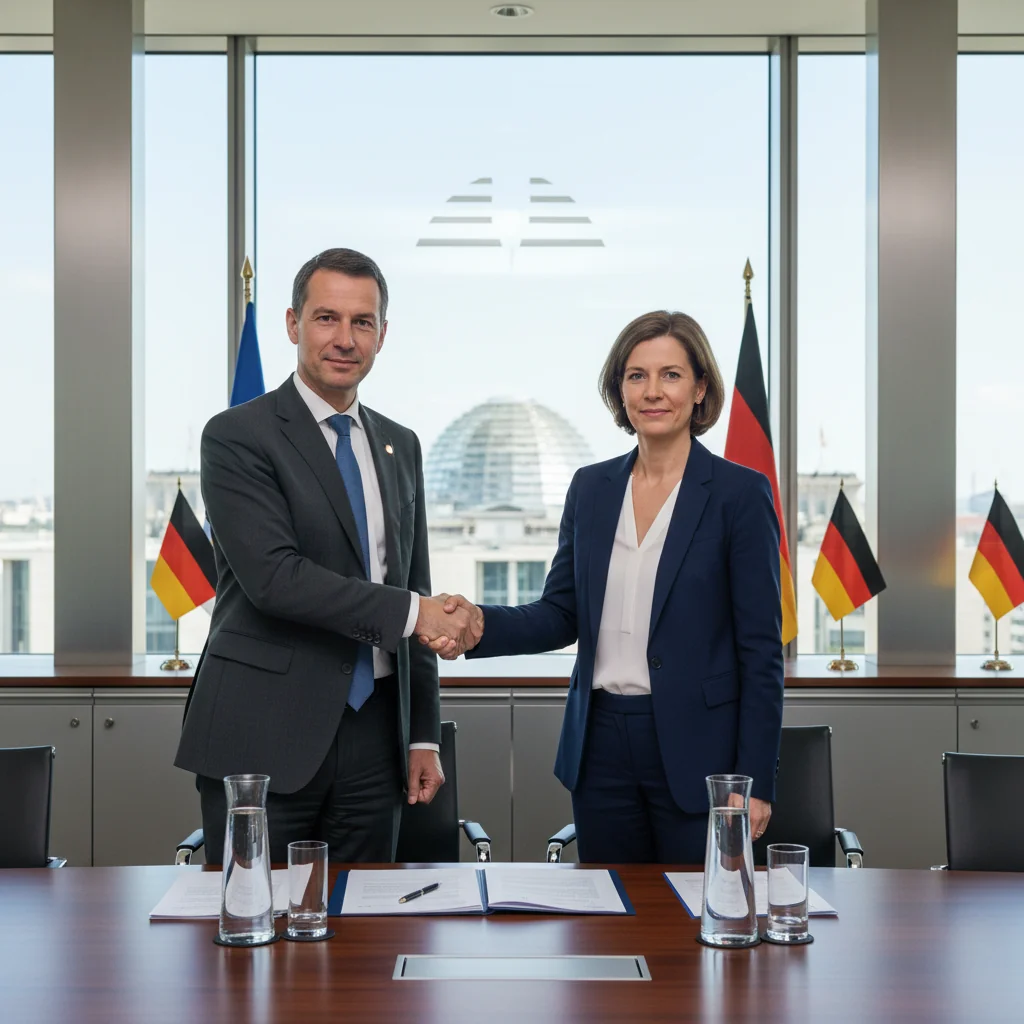 A photorealistic image of a professional business meeting in a modern German office, where adults are shaking hands over a licensing agreement, symbolizing the purpose of a Lizenzvertrag in Germany. The scene conveys trust, partnership, and legal collaboration without showing any documents or children.