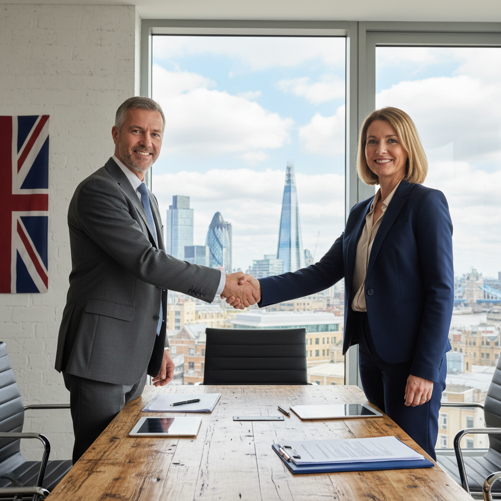 A photorealistic image of two professional adults in a modern UK office, shaking hands over a conference table with a subtle Union Jack flag in the background, symbolizing a copyright licensing agreement being finalized. The scene conveys trust, collaboration, and legal partnership without showing any documents or text.