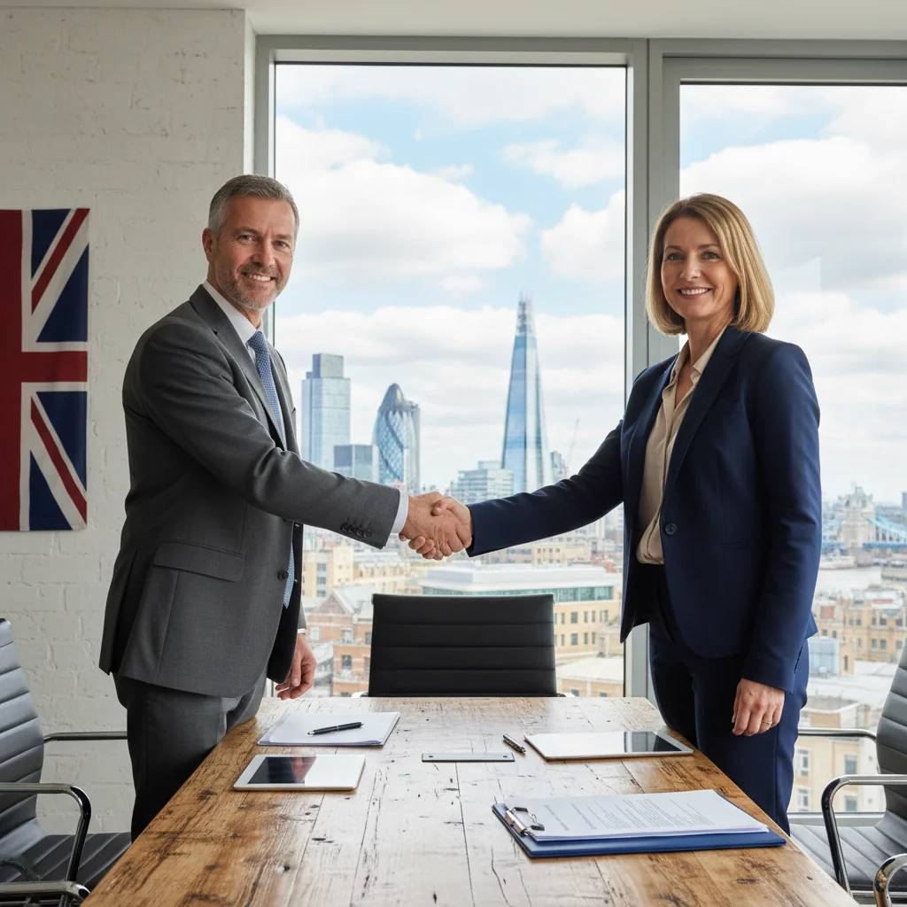 A photorealistic image of two professional adults in a modern UK office, shaking hands over a conference table with a subtle Union Jack flag in the background, symbolizing a copyright licensing agreement being finalized. The scene conveys trust, collaboration, and legal partnership without showing any documents or text.