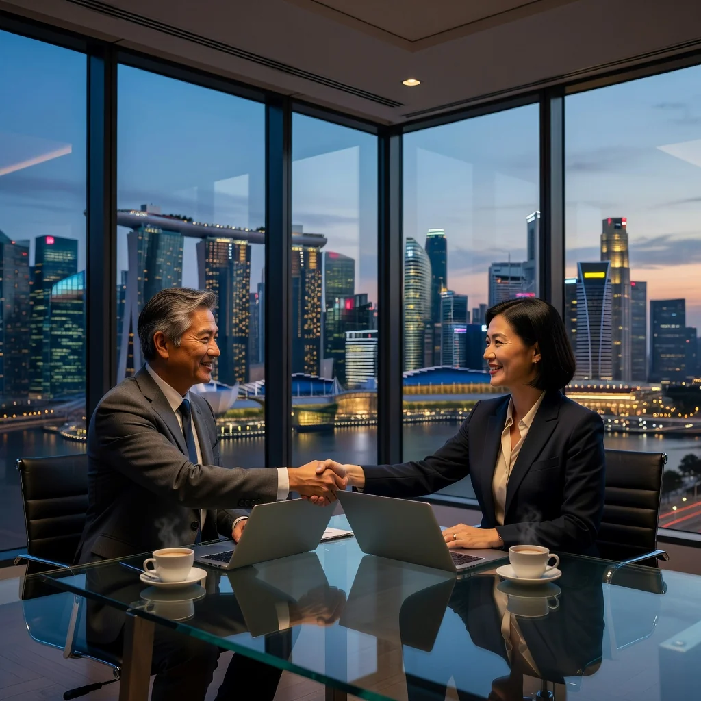 A photorealistic image of two professional adults in a modern Singapore office, shaking hands over a conference table with a city skyline view in the background, symbolizing a copyright license agreement deal. No children are present. The image is purely photorealistic, not graphic or drawing.