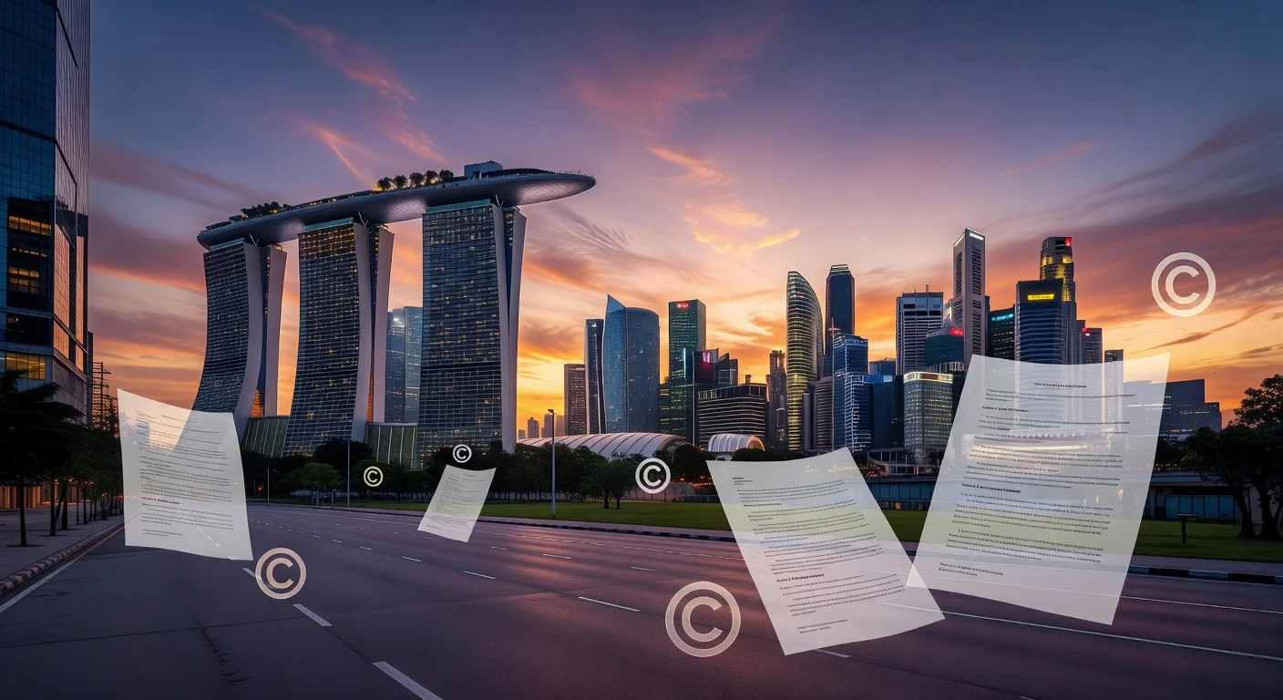 Singapore skyline with legal documents overlay