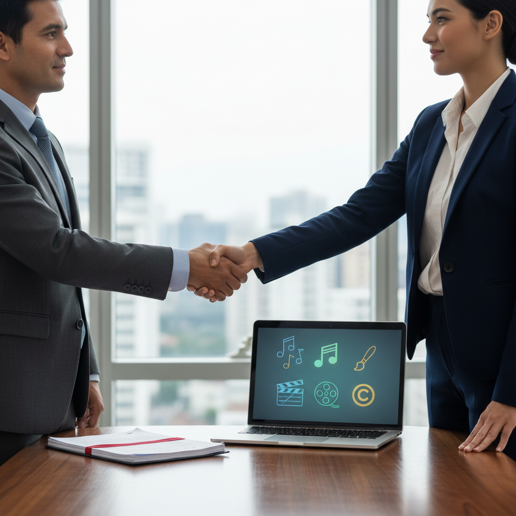 A photorealistic image of two professionals in a modern office, shaking hands over a conference table with a subtle stack of legal papers in the background, symbolizing a copyright license agreement. The focus is on collaboration and protection of intellectual property, with warm lighting and professional attire. No children are present in the image.