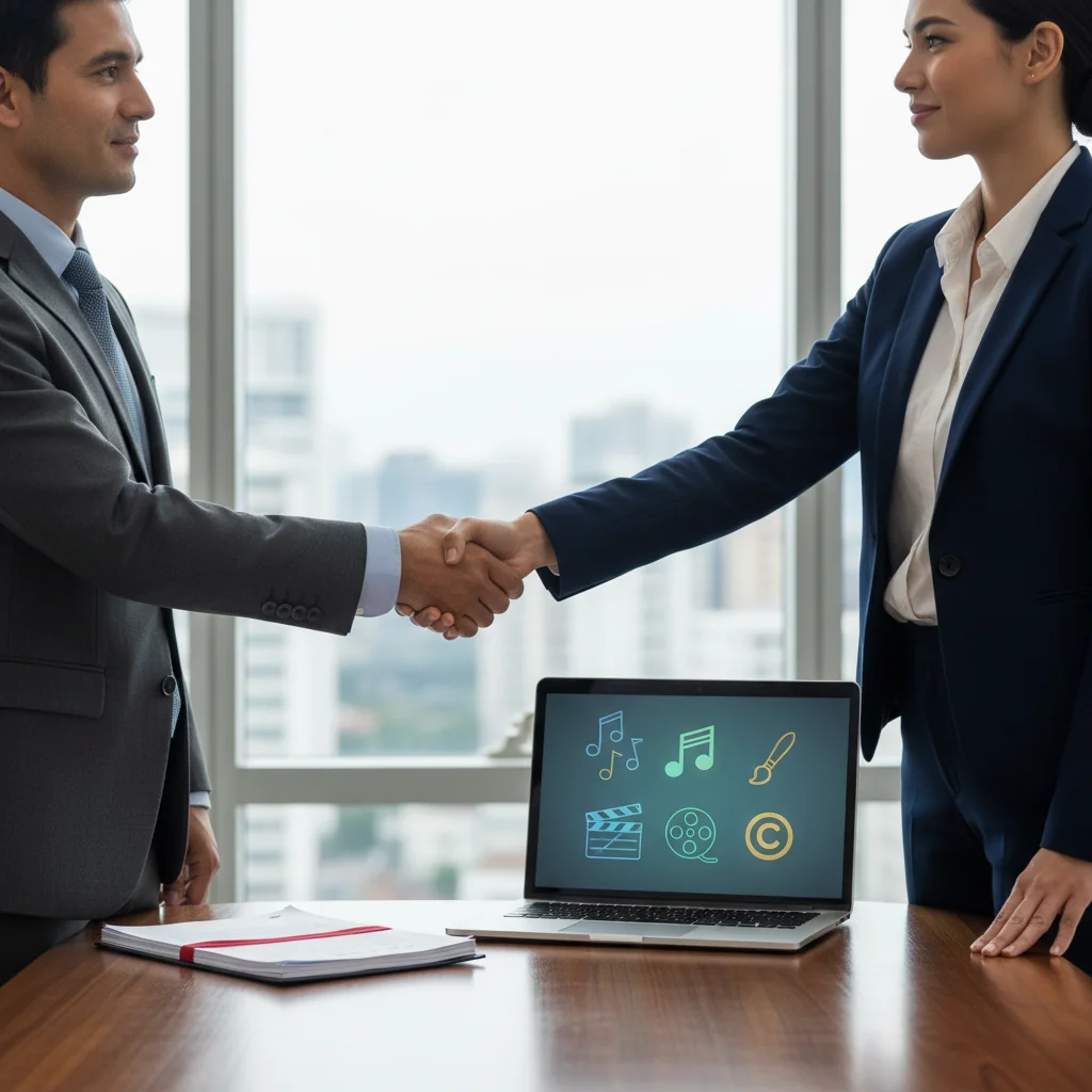 A photorealistic image of two professionals in a modern office, shaking hands over a conference table with a subtle stack of legal papers in the background, symbolizing a copyright license agreement. The focus is on collaboration and protection of intellectual property, with warm lighting and professional attire. No children are present in the image.