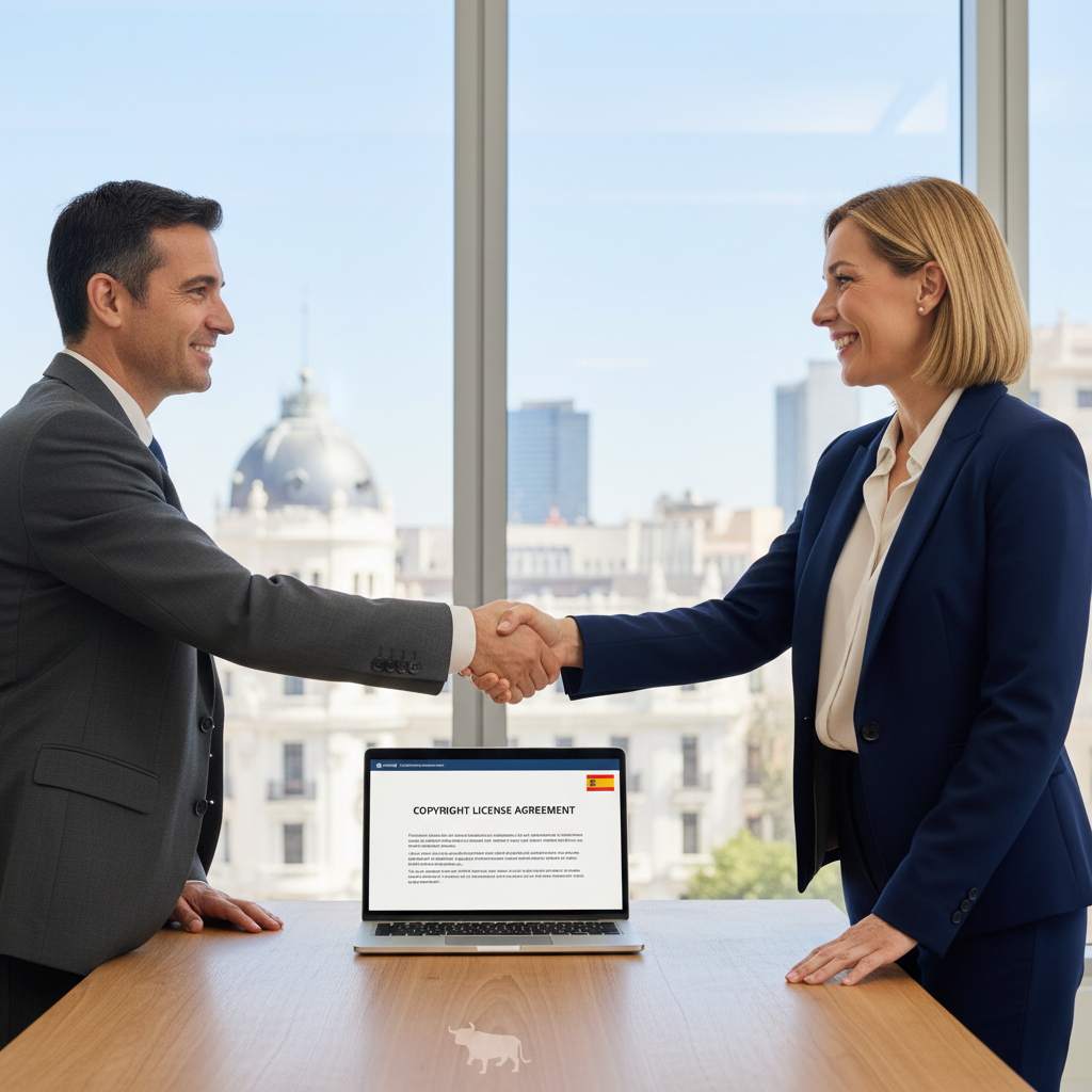 A photorealistic image of two adult professionals in a modern Spanish office, shaking hands over a laptop displaying a digital copyright license agreement, symbolizing the licensing of intellectual property rights in Spain. The scene conveys trust, collaboration, and legal protection of creative works, with warm lighting and authentic details like Spanish architecture in the background. No children are present.