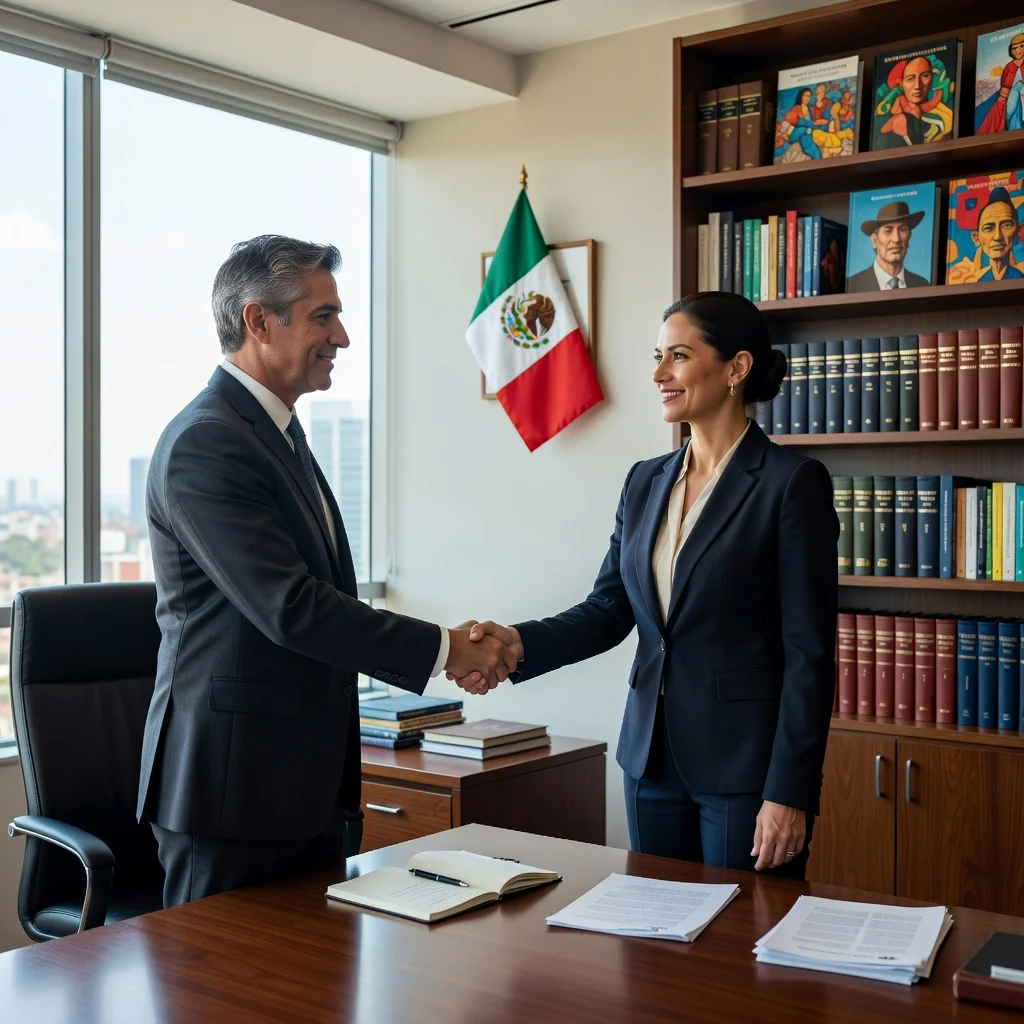 A professional scene in a modern Mexican office where two adults are shaking hands over a licensing agreement, symbolizing the granting of copyright rights. The setting includes subtle Mexican cultural elements like a flag or traditional decor in the background, conveying trust and legal partnership in intellectual property.