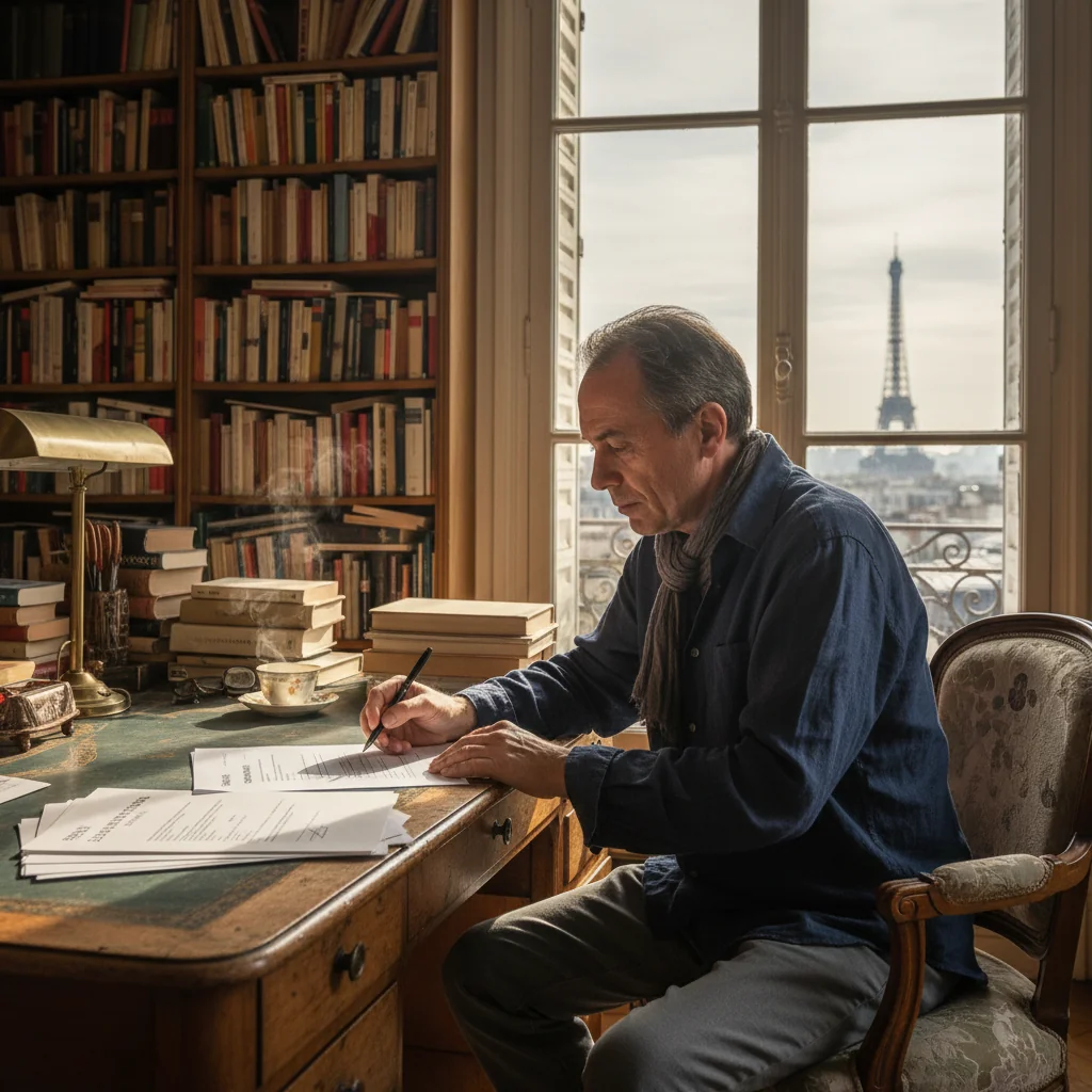 A photorealistic image of a professional French author in a cozy Parisian apartment, signing an author's license agreement at a wooden desk with a laptop and bookshelves in the background, evoking the essence of creative licensing and intellectual property rights in France, no children present.