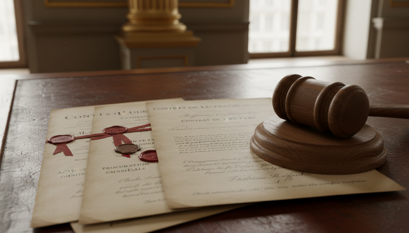 Gavel and French contract papers