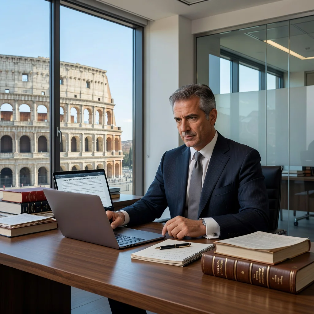 A professional Italian lawyer in a modern office, reviewing copyright licensing agreements on a computer, surrounded by bookshelves filled with legal volumes, with subtle Italian landmarks visible through the window, conveying trust and expertise in intellectual property law.
