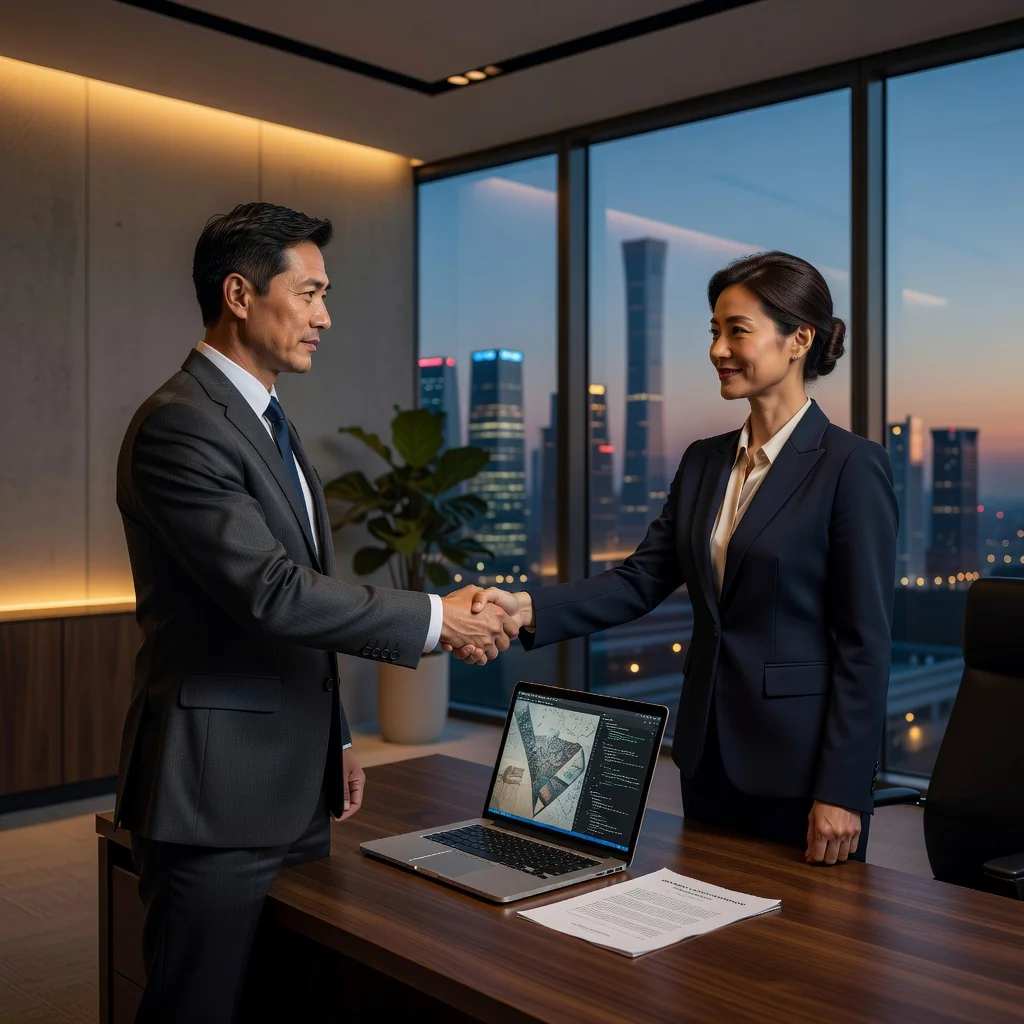 A photorealistic image representing the purpose of a copyright licensing agreement in China, showing a professional adult Chinese businessperson in a modern office setting, shaking hands with another adult professional over a laptop displaying creative digital content like software code or artwork, symbolizing the legal transfer of intellectual property rights, with subtle Chinese cultural elements like a Beijing skyline view from the window, no children present.