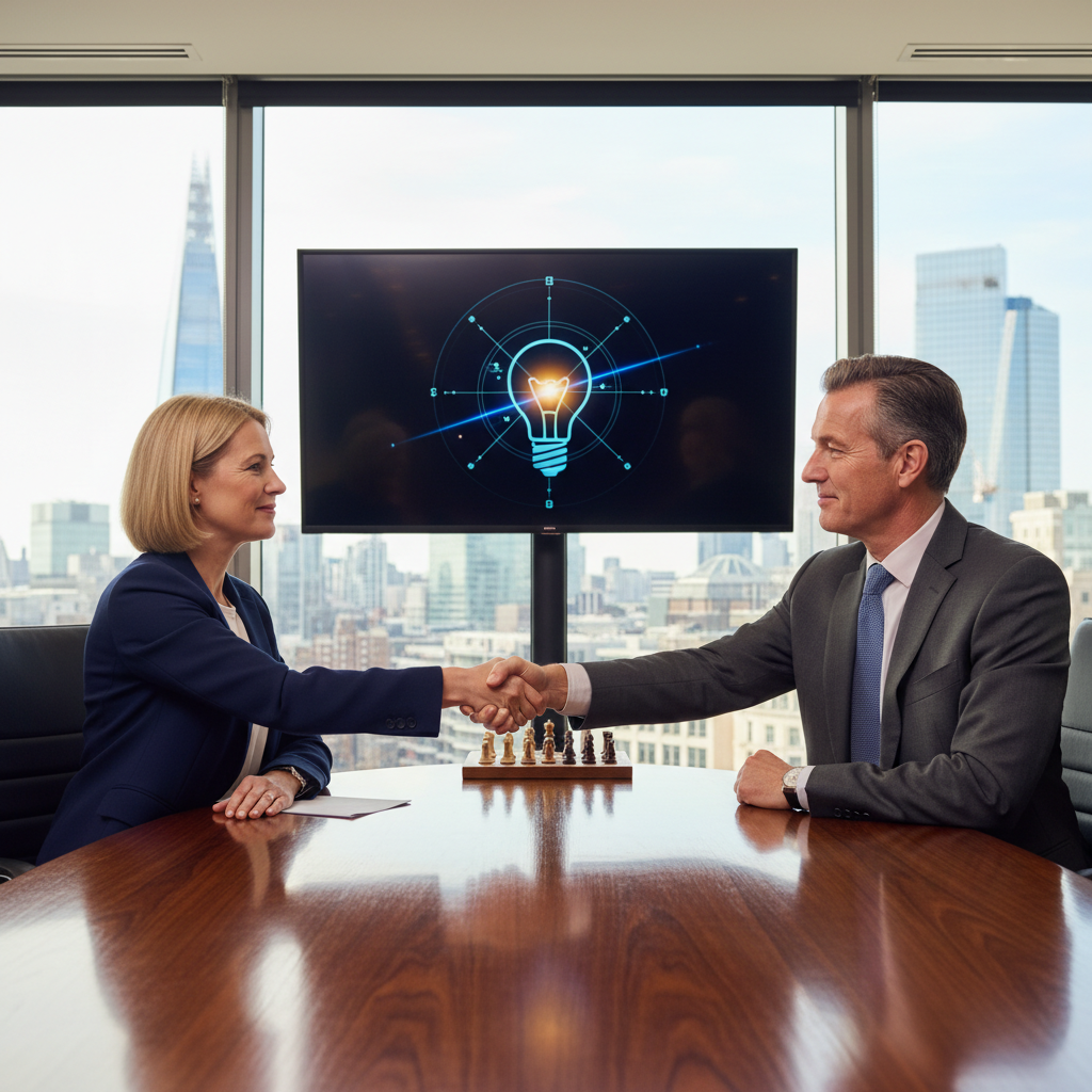 A photorealistic image depicting two professional adults in a modern UK office setting, engaged in a collaborative discussion over a business agreement, symbolizing the careful navigation of patent licence terms to avoid pitfalls. The scene conveys trust, strategy, and innovation without showing any legal documents directly.