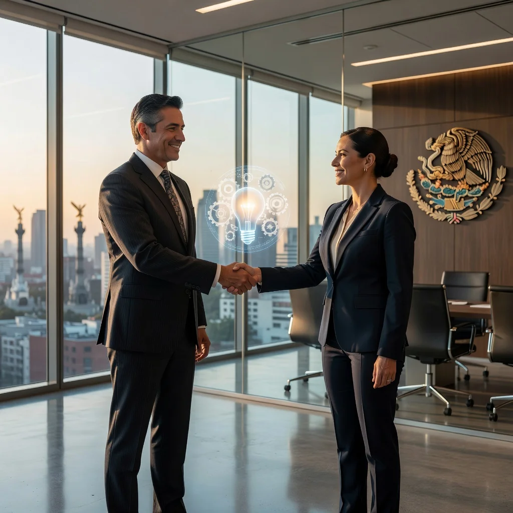 A photorealistic image representing innovation and intellectual property licensing in Mexico, featuring a diverse group of adult professionals in a modern office setting, shaking hands over a conceptual holographic display of patent symbols and Mexican flag elements, symbolizing a patent license agreement without showing any legal documents.