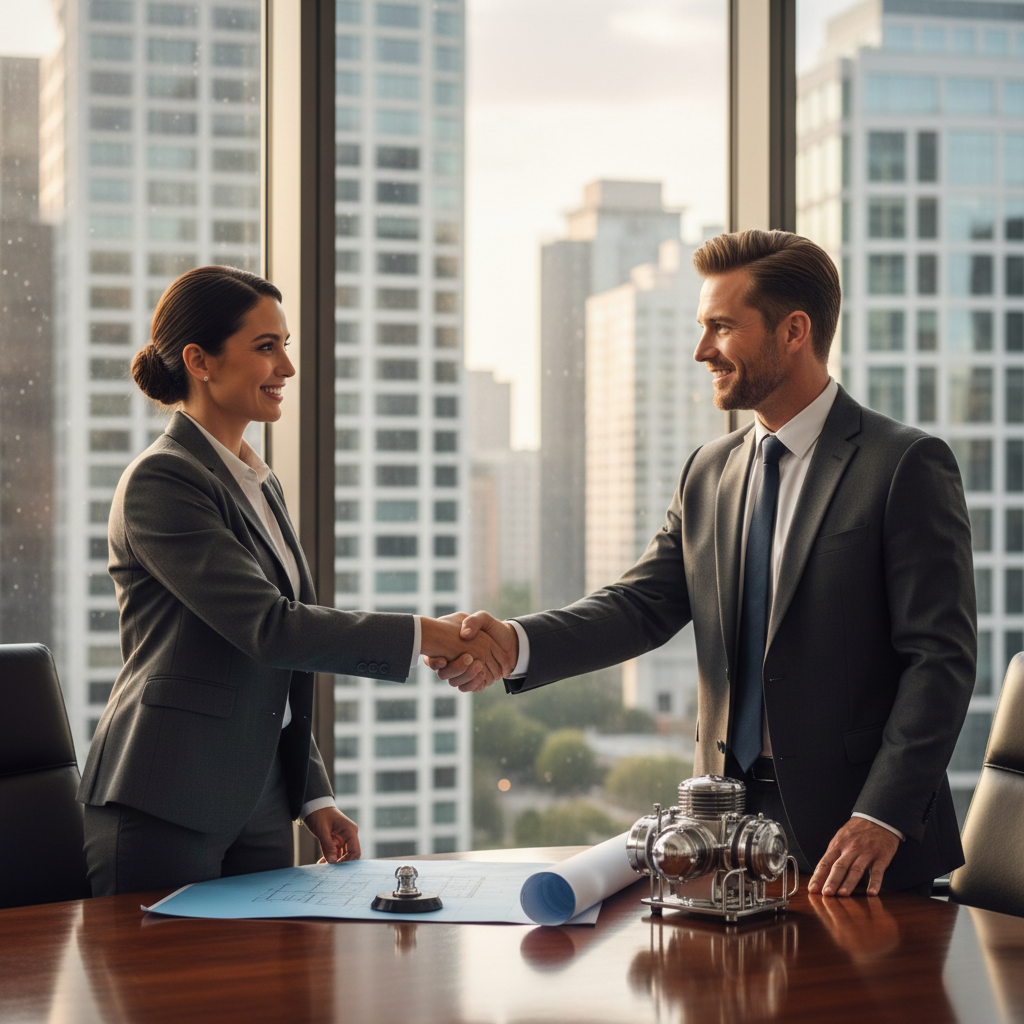 A photorealistic image of two professional adults, a man and a woman in business attire, shaking hands across a conference table in a modern office setting, symbolizing a successful negotiation and agreement in a patent license context, with subtle tech innovation elements like a blueprint or gadget on the table, no children present, highly detailed and realistic photography style.