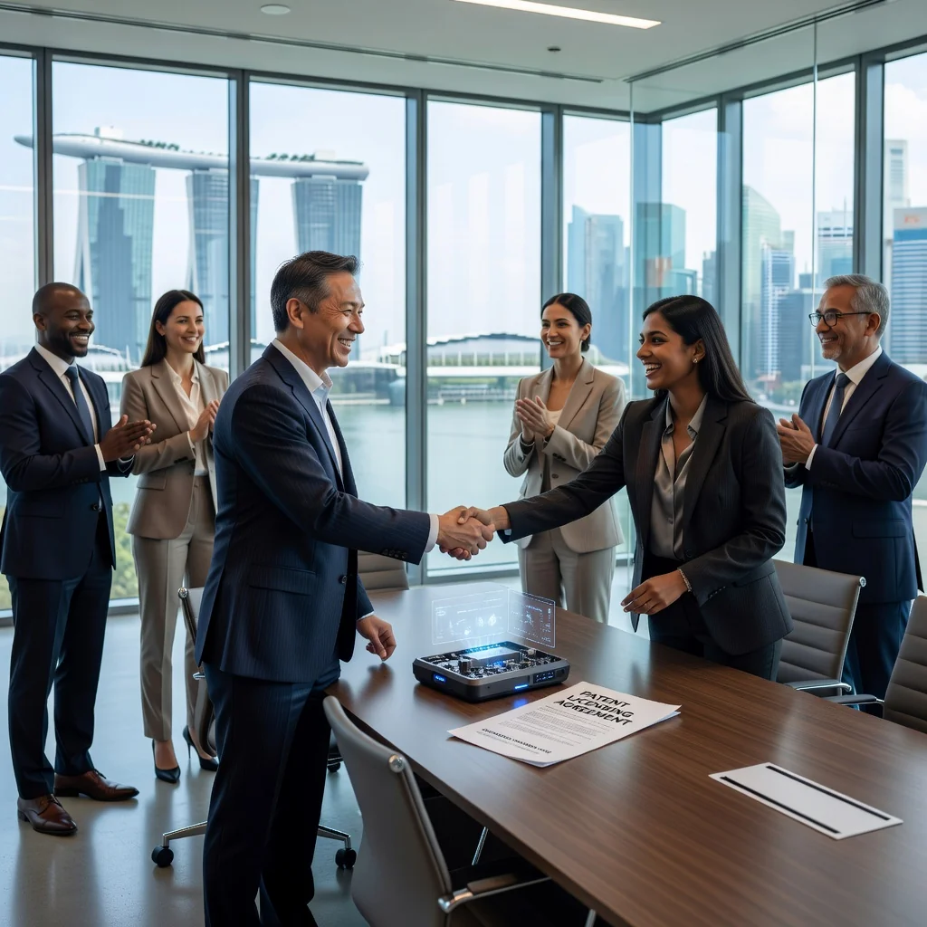 A professional scene in a modern Singapore office, featuring a diverse group of adult business professionals shaking hands over a high-tech innovation project, symbolizing a patent licensing agreement. The background includes subtle elements of Singapore's skyline through large windows, emphasizing innovation and collaboration without focusing on any legal documents.