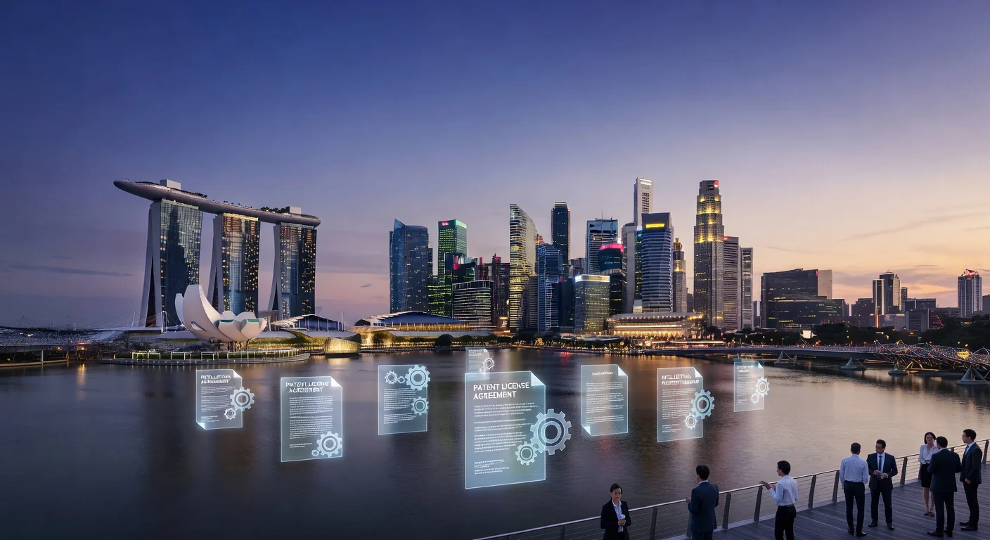 Singapore skyline with patent symbols