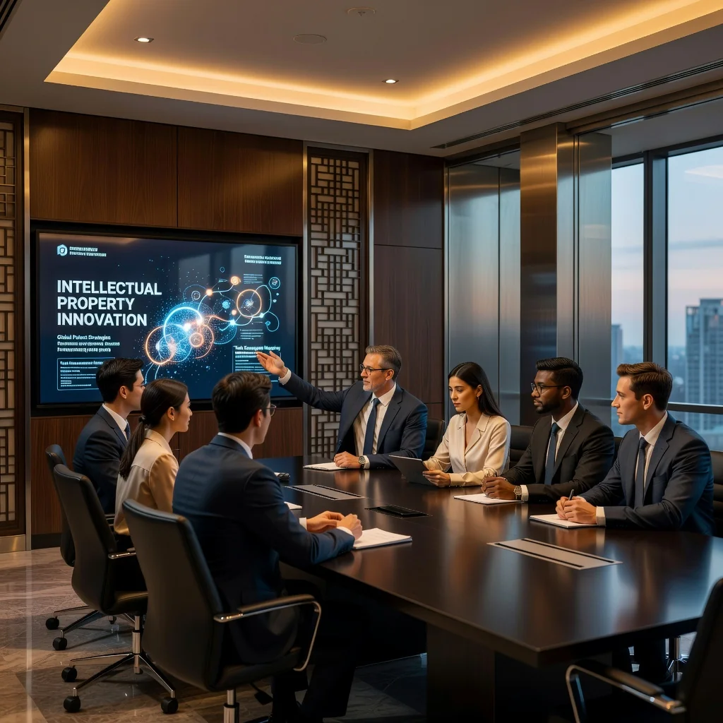 A professional scene representing innovation and collaboration in the context of Chinese patent licensing, featuring a diverse group of adult business professionals in a modern conference room in China, discussing ideas around a table with subtle technological elements like patent sketches on a whiteboard, evoking trust and partnership without showing any legal documents.