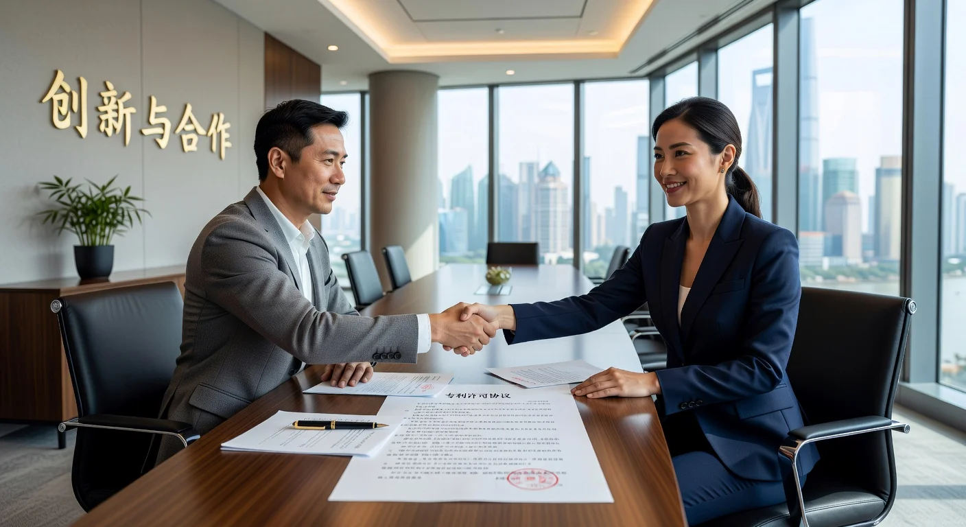 Patent agreement signing scene