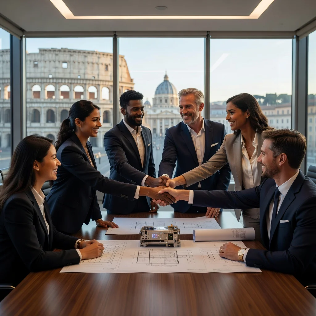 A professional scene representing innovation and intellectual property licensing in Italy, featuring a diverse group of adult business professionals in a modern Italian office shaking hands over a blueprint or prototype invention, with subtle Italian landmarks like the Colosseum visible through a window in the background, conveying partnership and legal agreement without showing any documents.