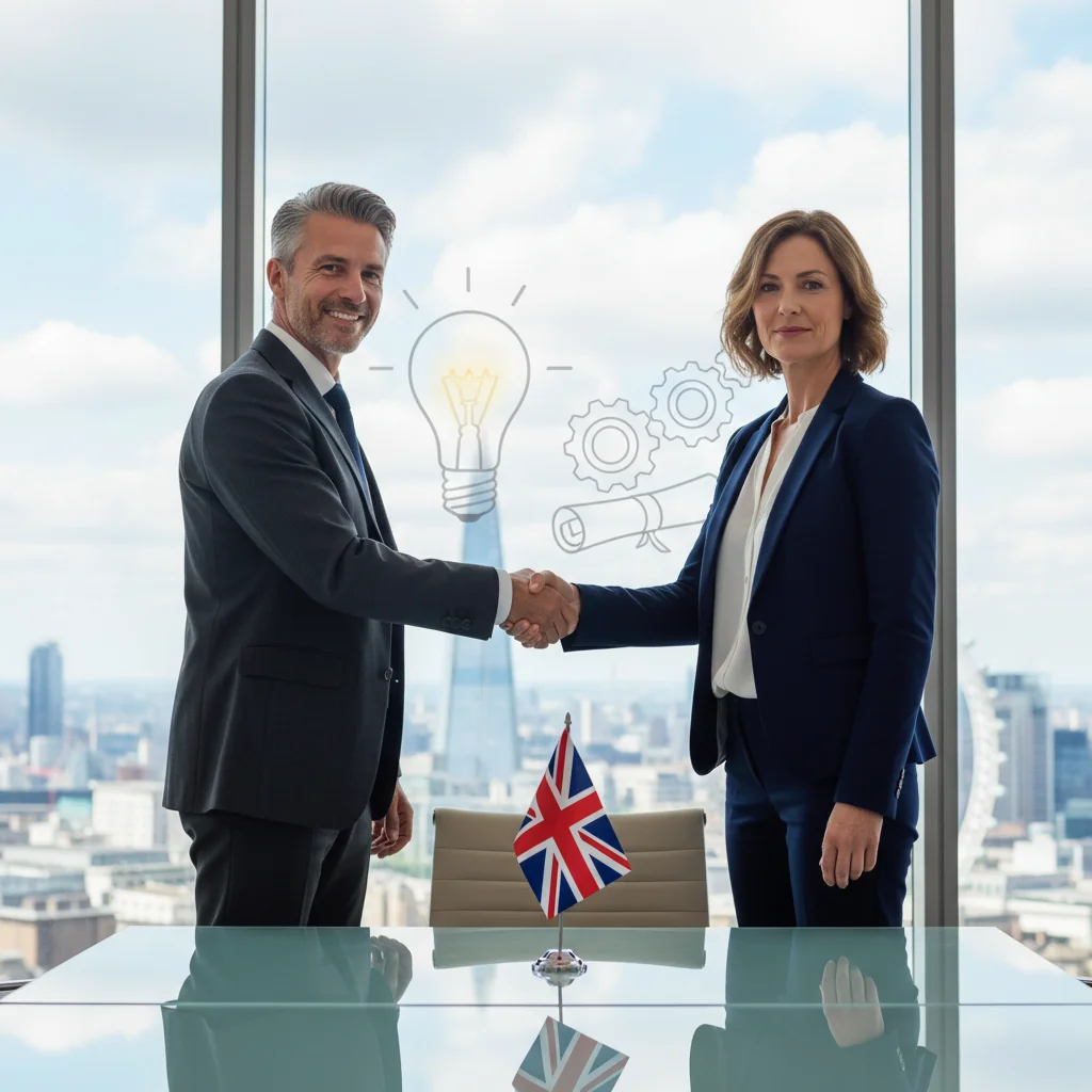 A photorealistic image of two professional adults in a modern UK office, shaking hands over a conference table with a subtle Union Jack flag in the background, symbolizing a successful patent licensing agreement.