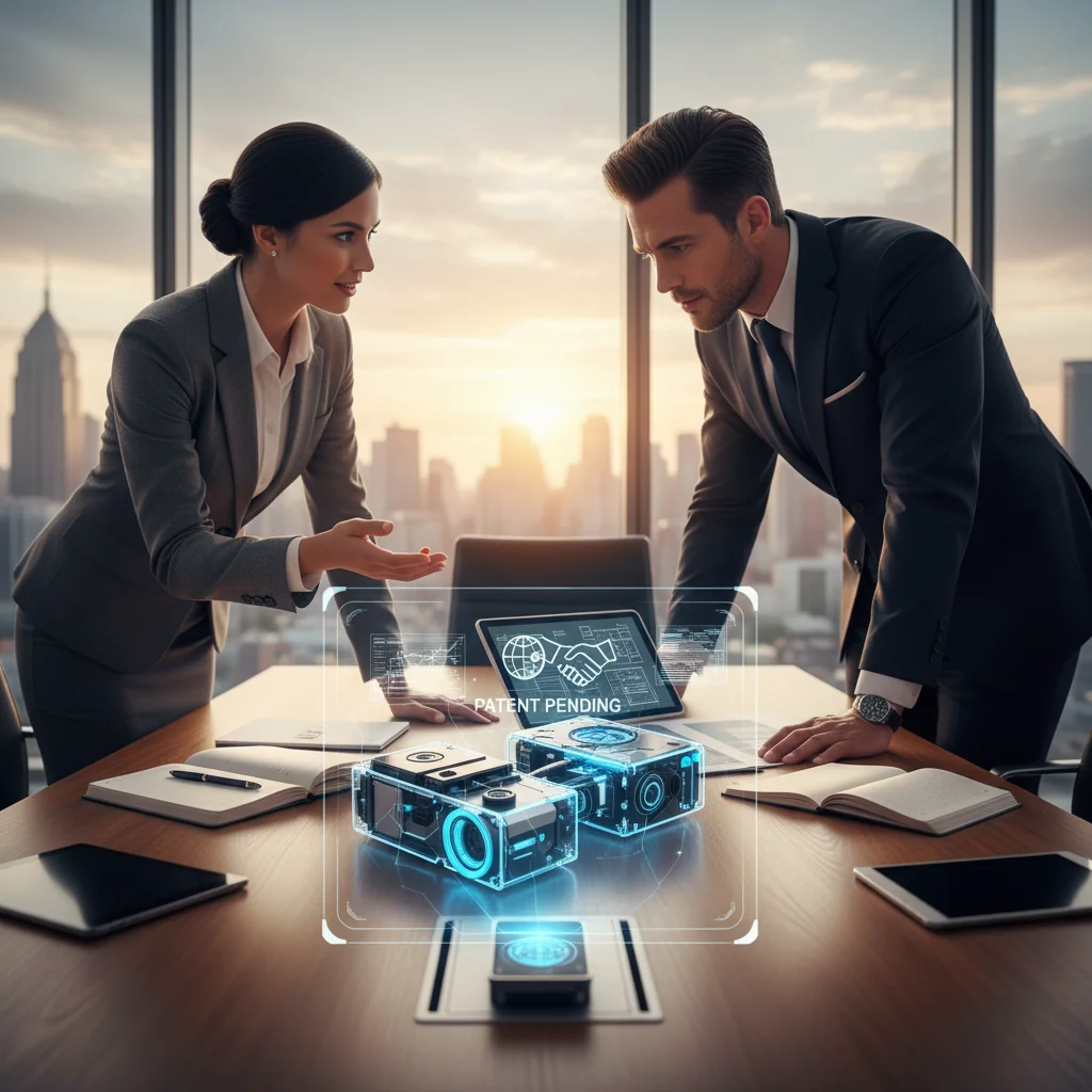 A photorealistic image depicting a professional meeting between two business adults in a modern office, where one is presenting an innovative invention or prototype on a table, symbolizing the agreement and licensing of a patent. The atmosphere is collaborative and forward-thinking, representing the purpose of a patent approval agreement without showing any legal documents.