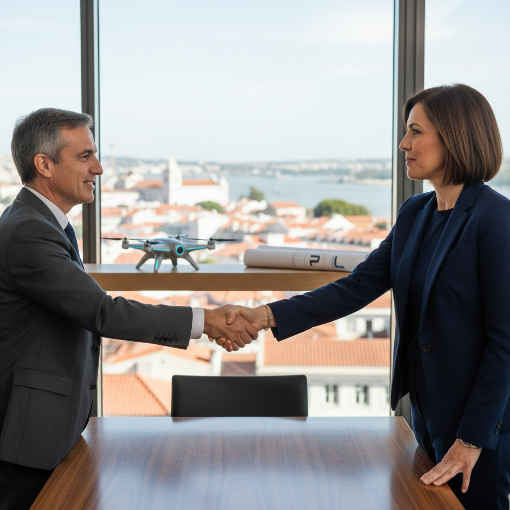 A photorealistic image of two professional adults in a modern Portuguese office, shaking hands over a conference table with subtle innovation symbols like a lightbulb model or blueprint in the background, symbolizing a patent licensing agreement. The scene conveys partnership, innovation, and legal collaboration in Portugal, with warm lighting and realistic details.