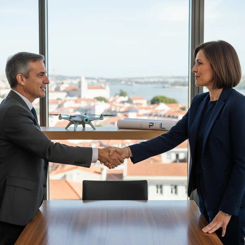 A photorealistic image of two professional adults in a modern Portuguese office, shaking hands over a conference table with subtle innovation symbols like a lightbulb model or blueprint in the background, symbolizing a patent licensing agreement. The scene conveys partnership, innovation, and legal collaboration in Portugal, with warm lighting and realistic details.